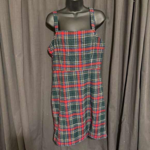 NEW Copper Key Red Green Gray Plaid Jumper Mini Dress Slit Academia Size L - Picture 1 of 7